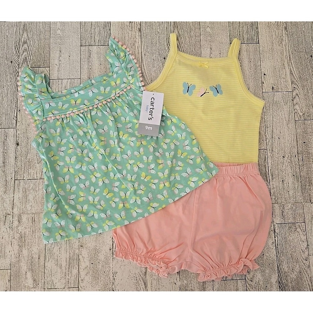 Carter's Short Set 6-9 Months Butterflies Shirt Shorts Romper Girl 3pc NEW - Picture 1 of 11